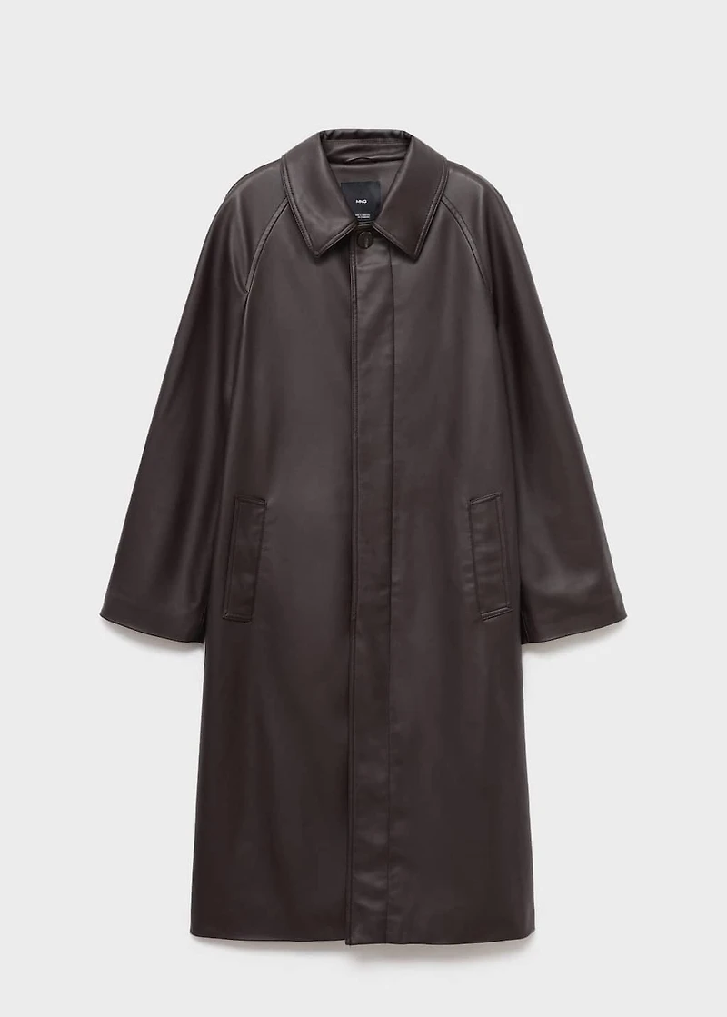 Long leather-effect trench coat