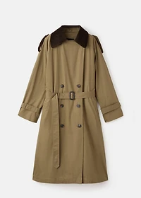 Double-breasted trench coat with corduroy collar