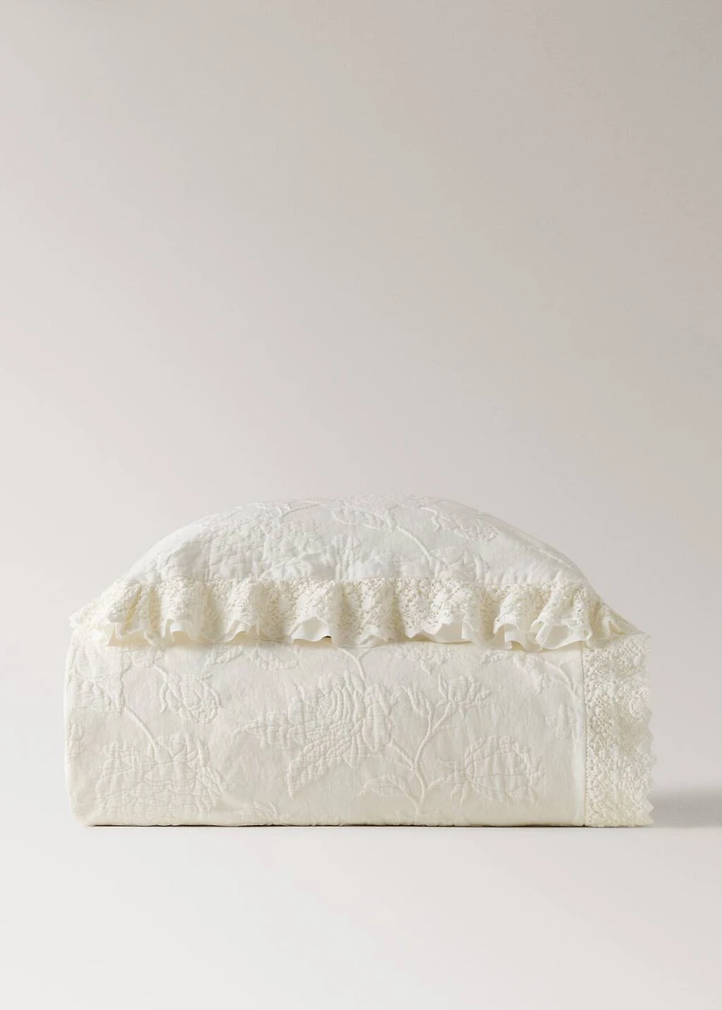Jacquard cotton bed cushion cover with voile frill and lace trim 50x50 cm