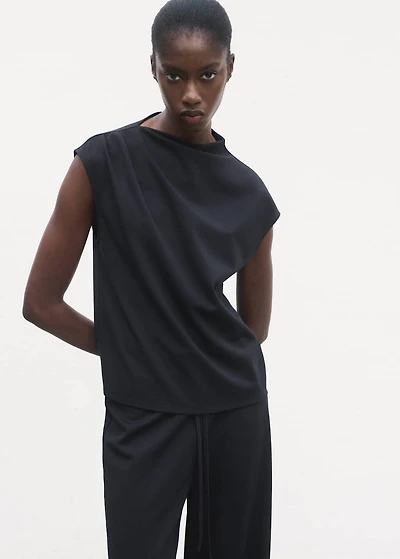 T-shirt with gathered asymmetrical neck