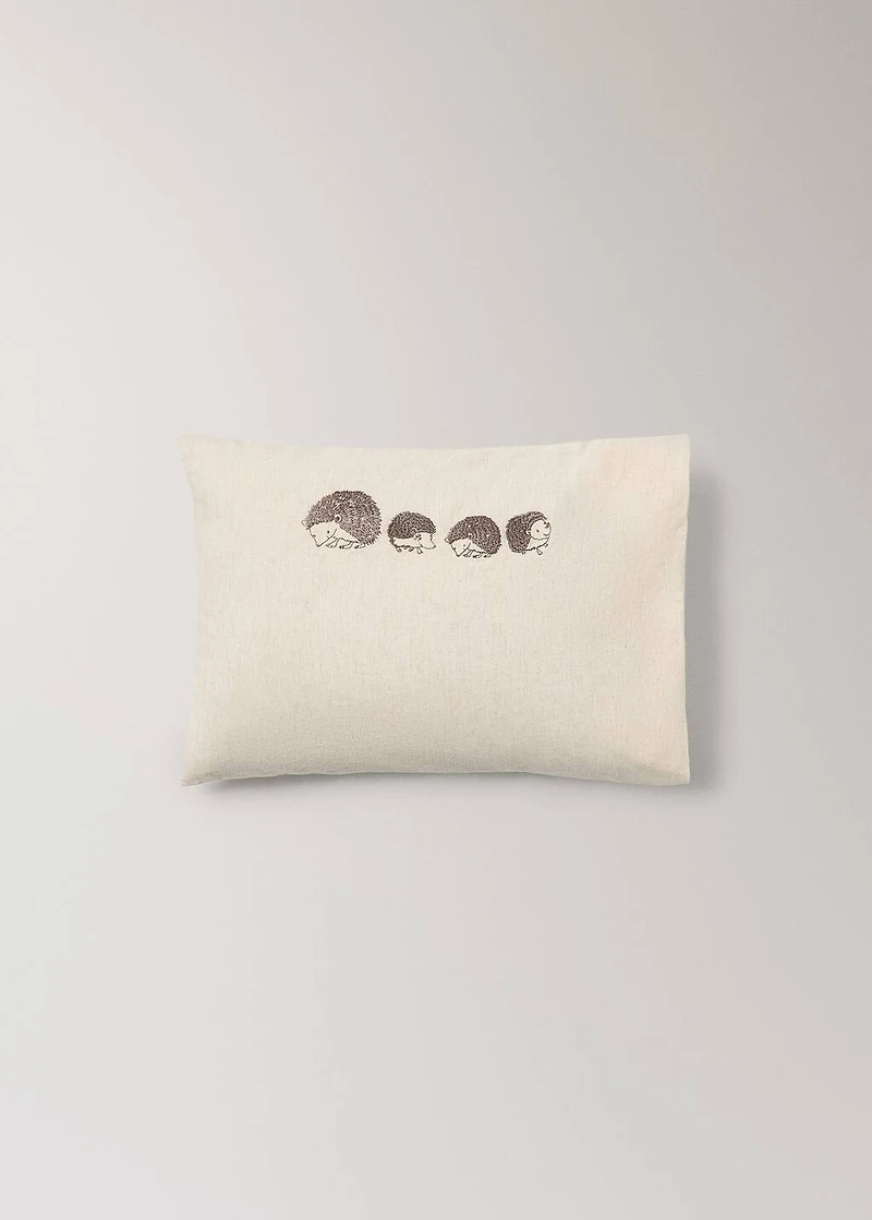 Children's cushion cover in cotton linen with embroidered hedgehogs
