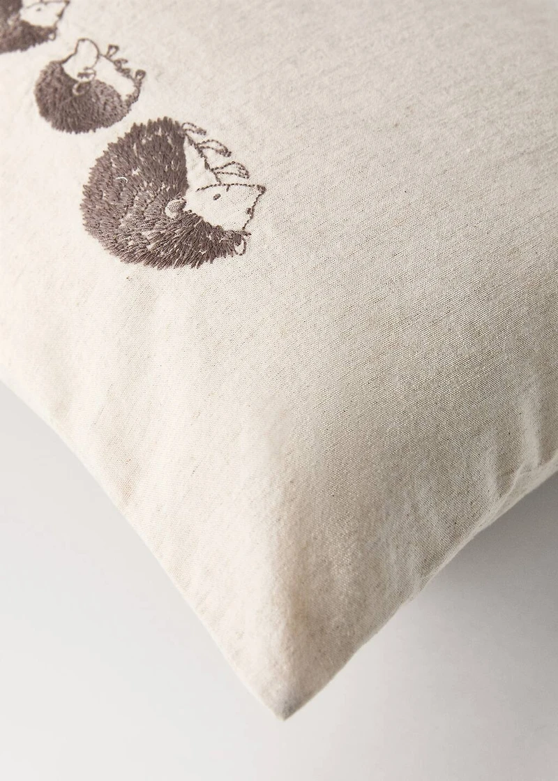 Children's cushion cover in cotton linen with embroidered hedgehogs