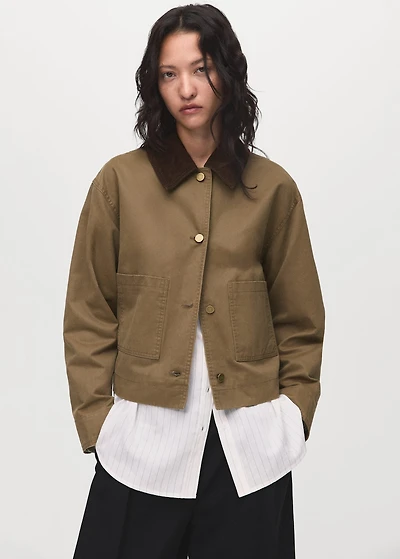 Denim parka with corduroy collar