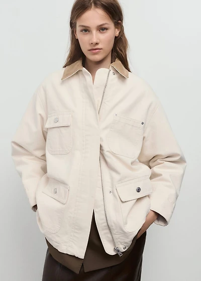 Denim parka with corduroy collar