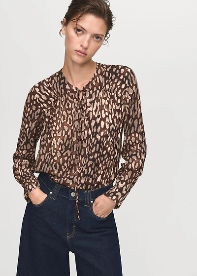 Satin leopard-print blouse with bow