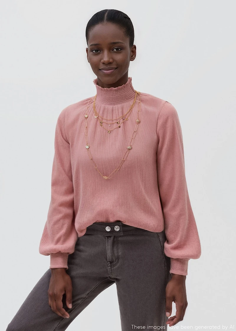 High-neck gathered blouse