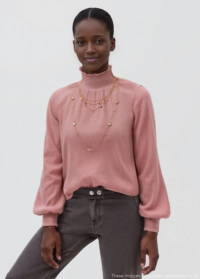 High-neck gathered blouse