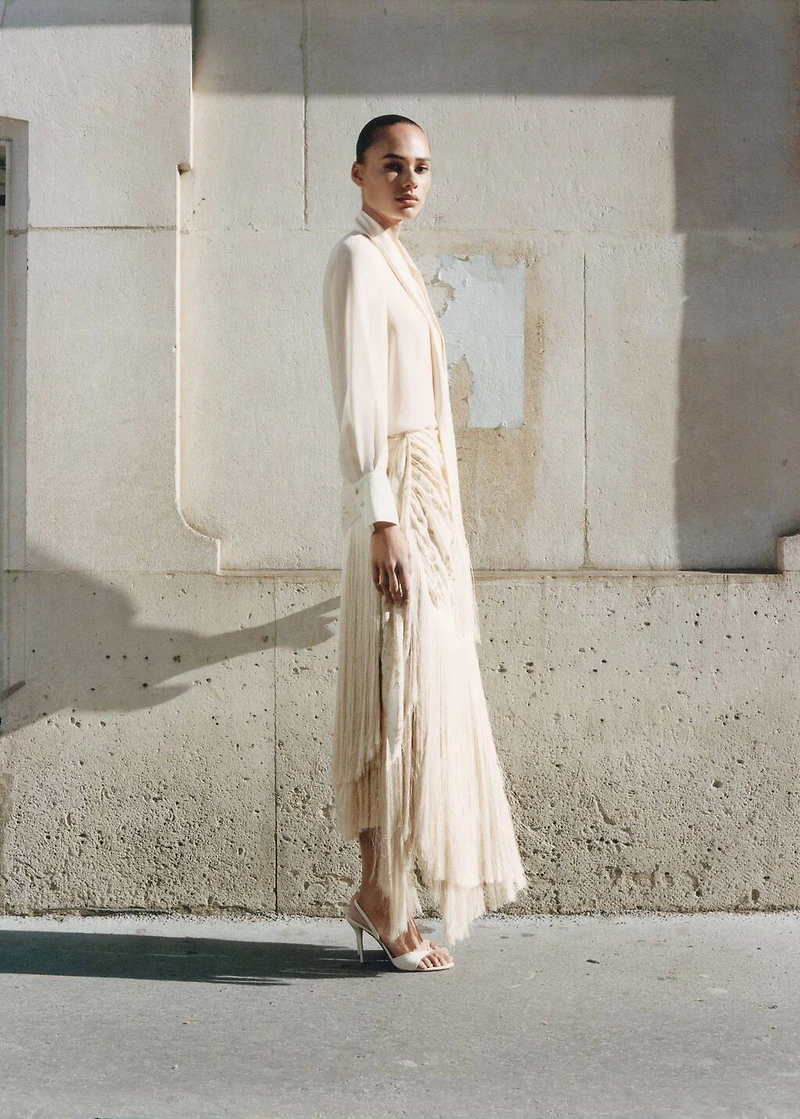 Pareo-style skirt with embroidered fringe