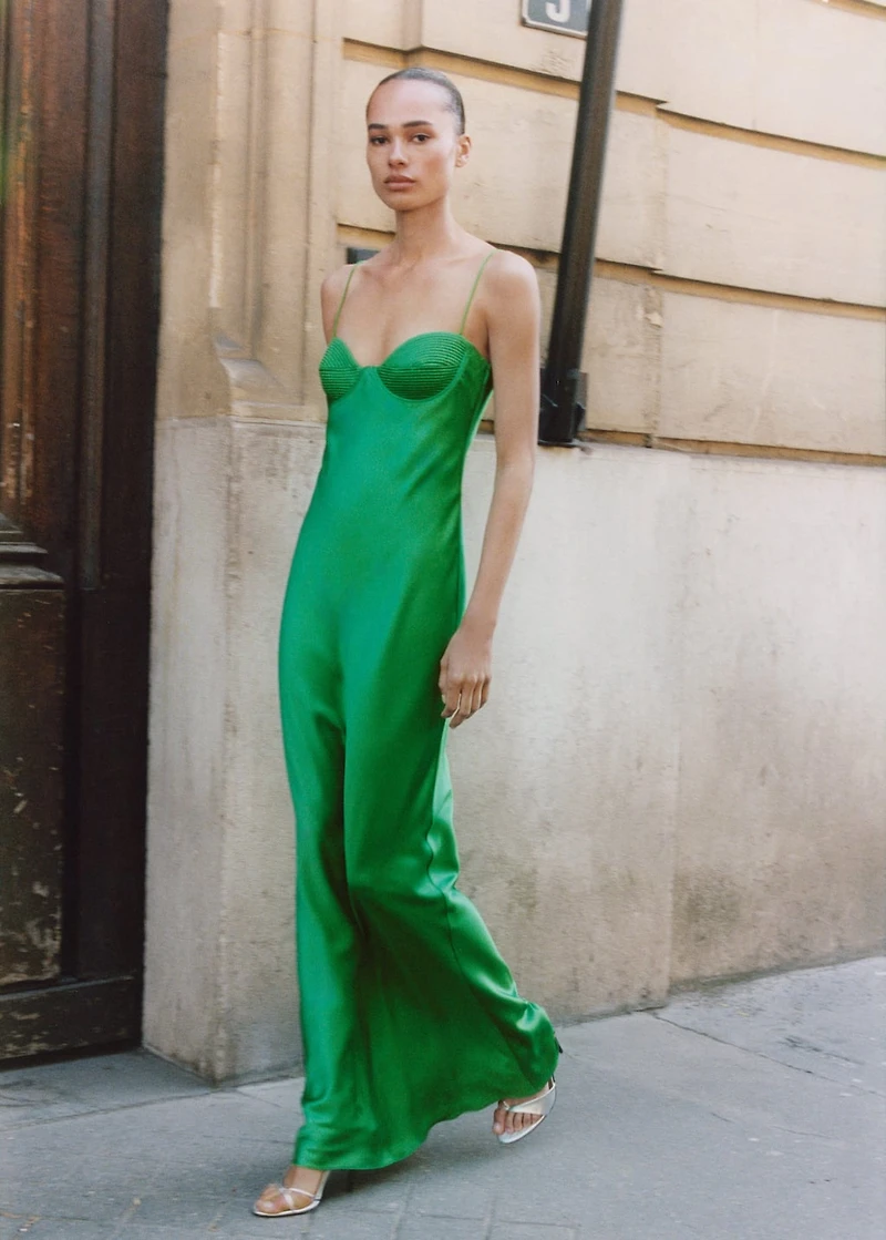 Satin-effect dress with corset neckline