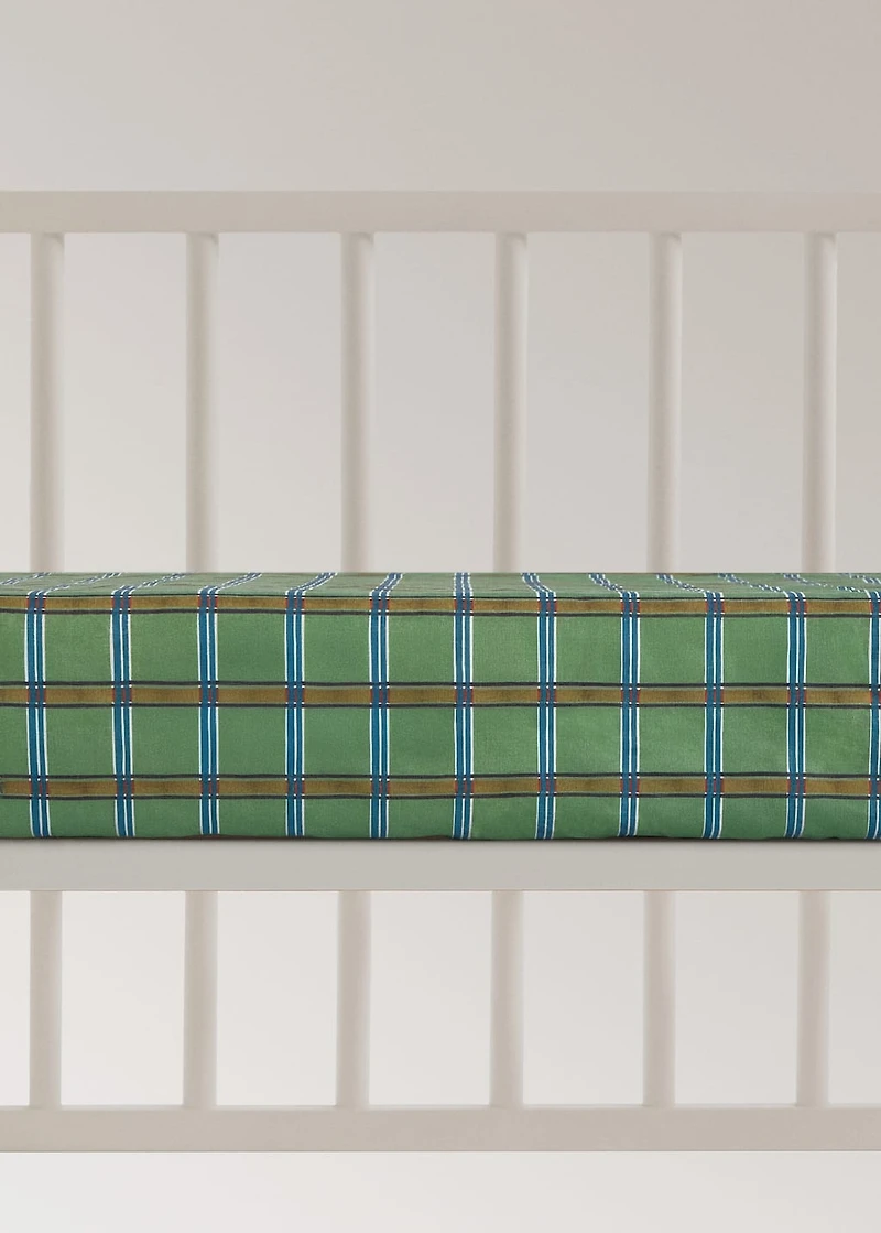 Percale cotton check-print fitted sheet for cot