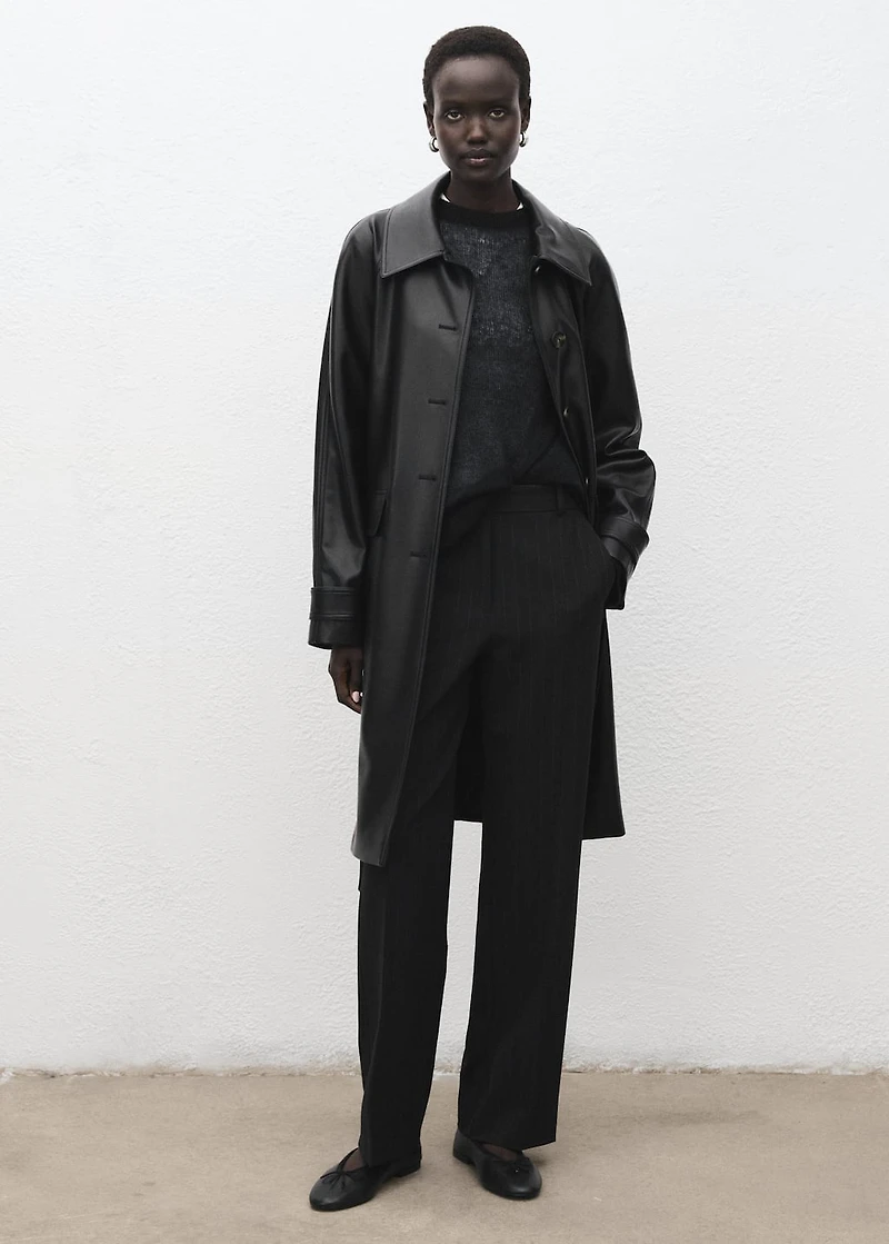 Long leather-effect trench coat with belt