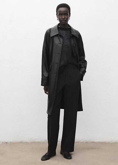 Long leather-effect trench coat with belt