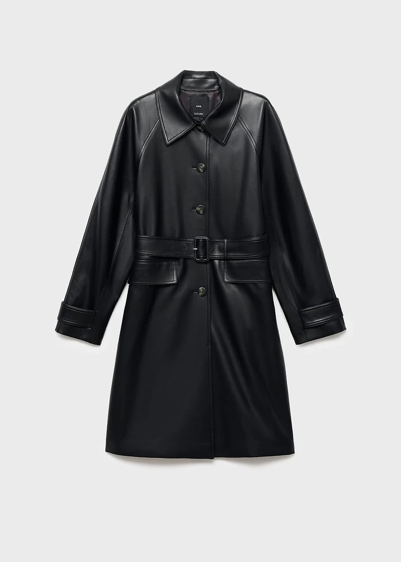 Long leather-effect trench coat with belt