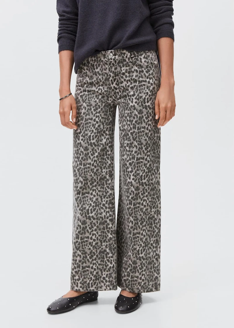 Leopard-print wide leg jeans