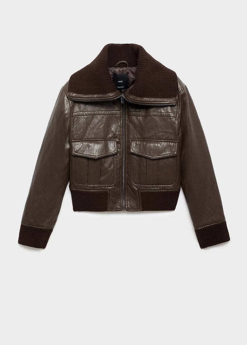 Leather-effect roll-neck jacket