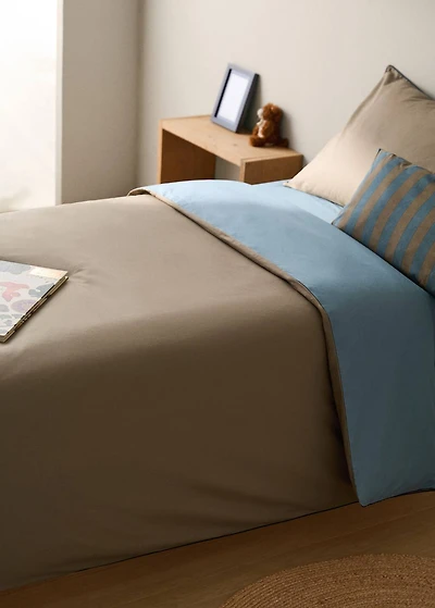 Reversible percale cotton duvet cover with contrasting piping for 90 cm bed