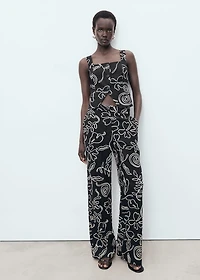 Floral-print linen-blend pants
