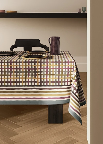 Multi-colored check resin-coated tablecloth for 8 to 10 diners