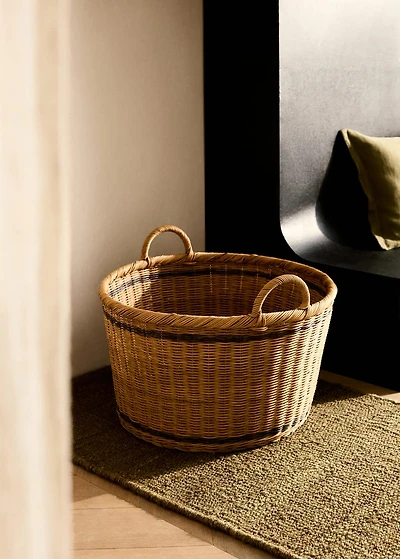 Medium round rattan basket with handles