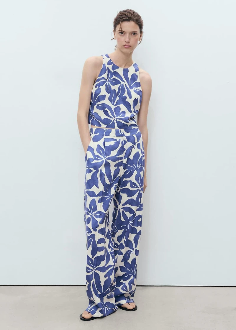 Printed linen-blend top
