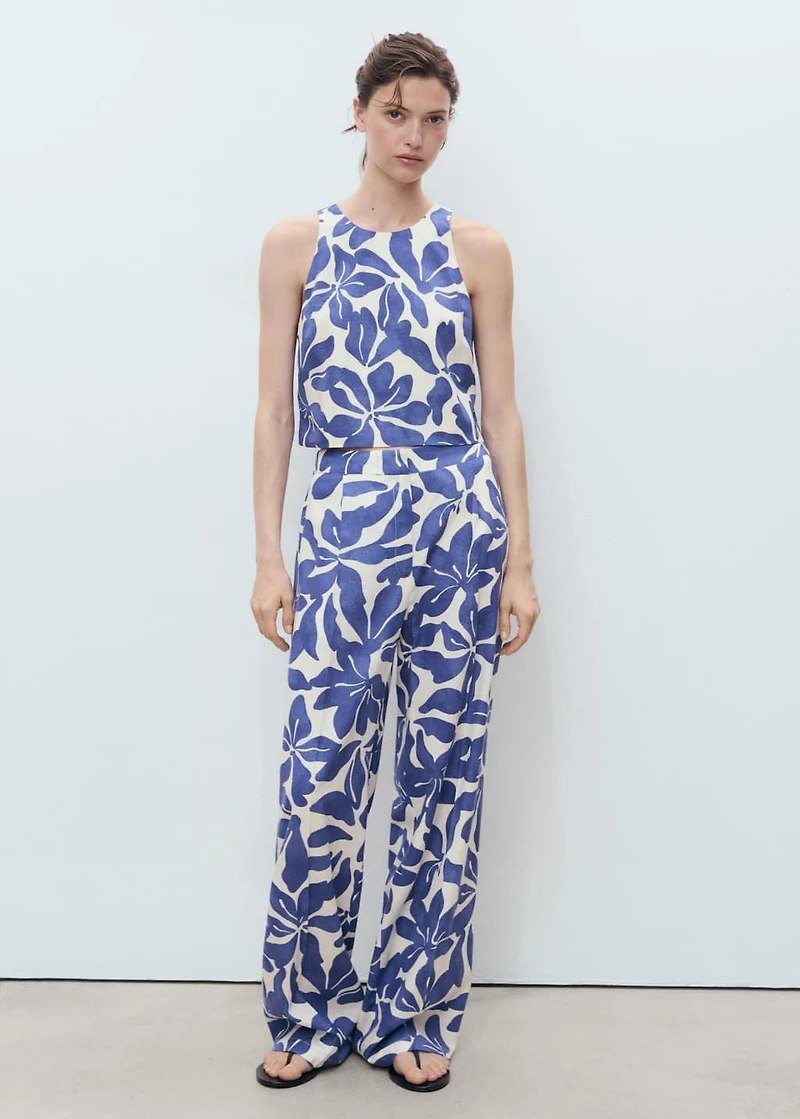 Printed linen-blend pants