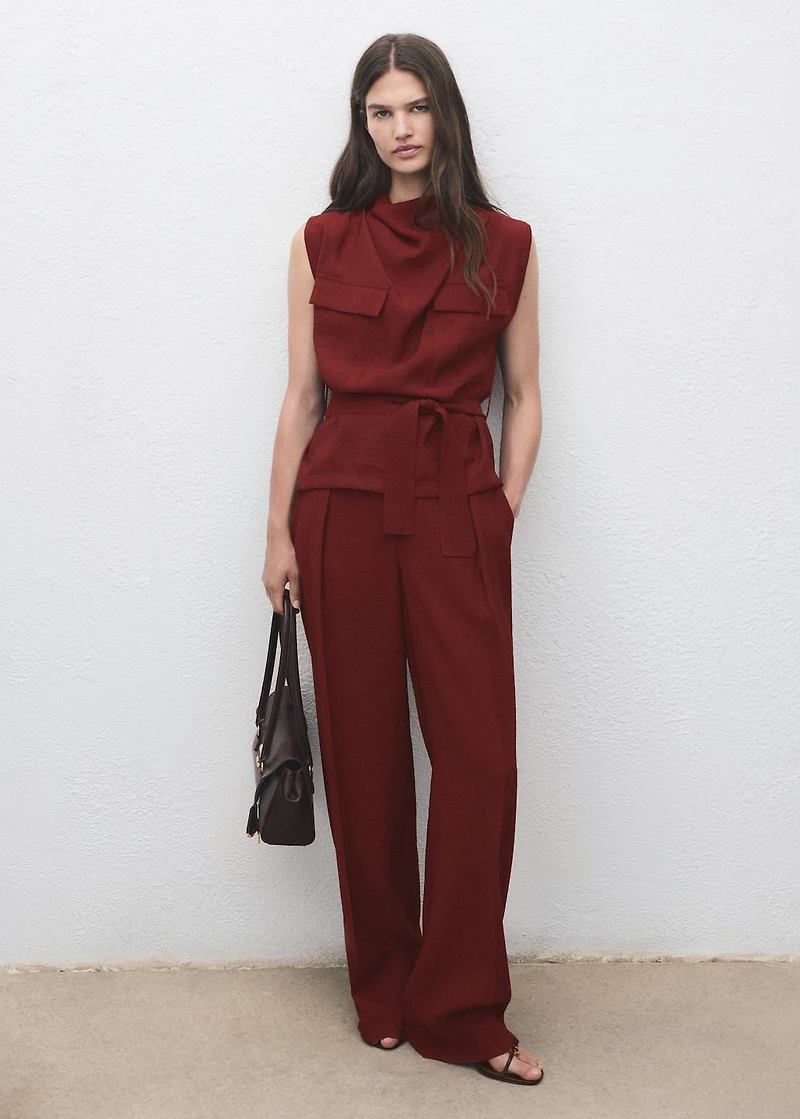 Blouse with draped neck and belt