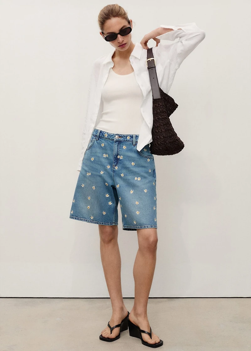 Floral-embroidered denim bermuda shorts