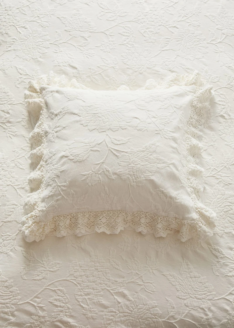 Jacquard cotton bed cushion cover with voile frill and lace trim 50x50 cm