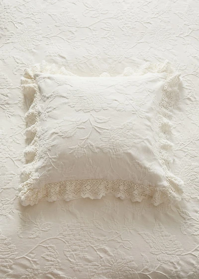 Jacquard cotton bed cushion cover with voile frill and lace trim 50x50 cm