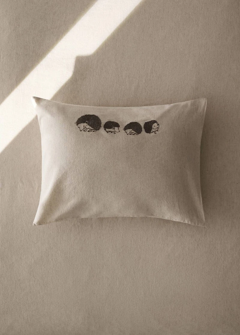 Children's cushion cover in cotton linen with embroidered hedgehogs
