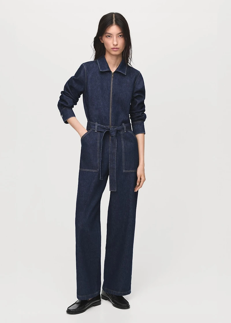 Belt denim jumpsuit