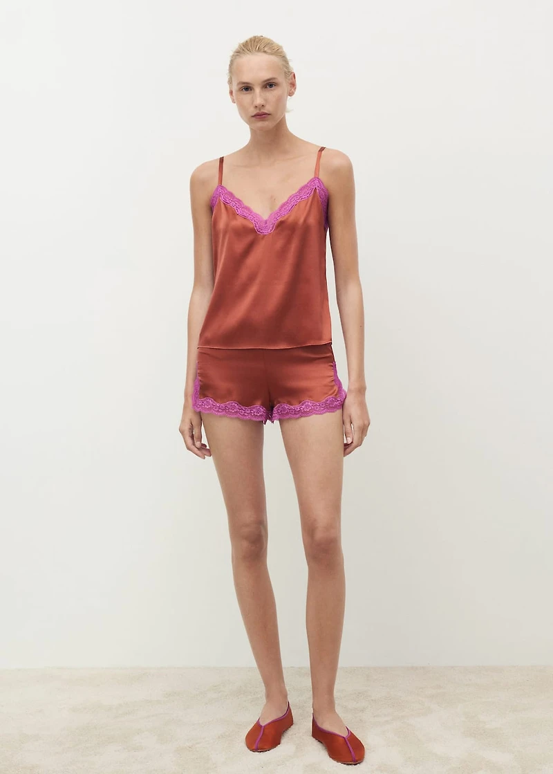 Silk shorts with contrasting lace trim