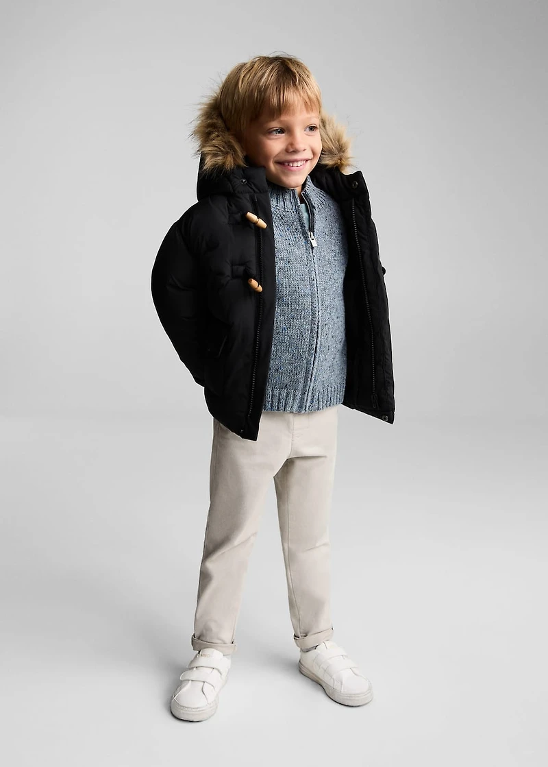 Quilted coat with fur-effect hood