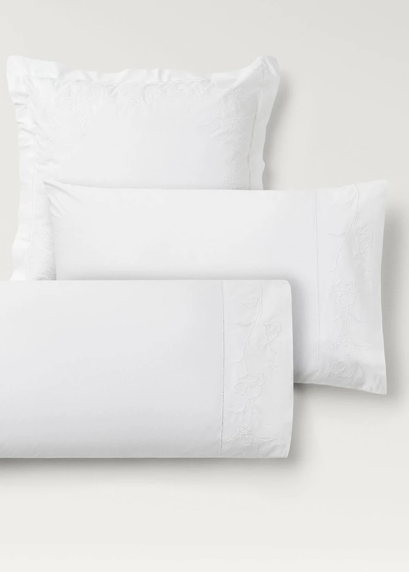 Two cotton pillowcases with hand-embroidered flowers 60x60 cm