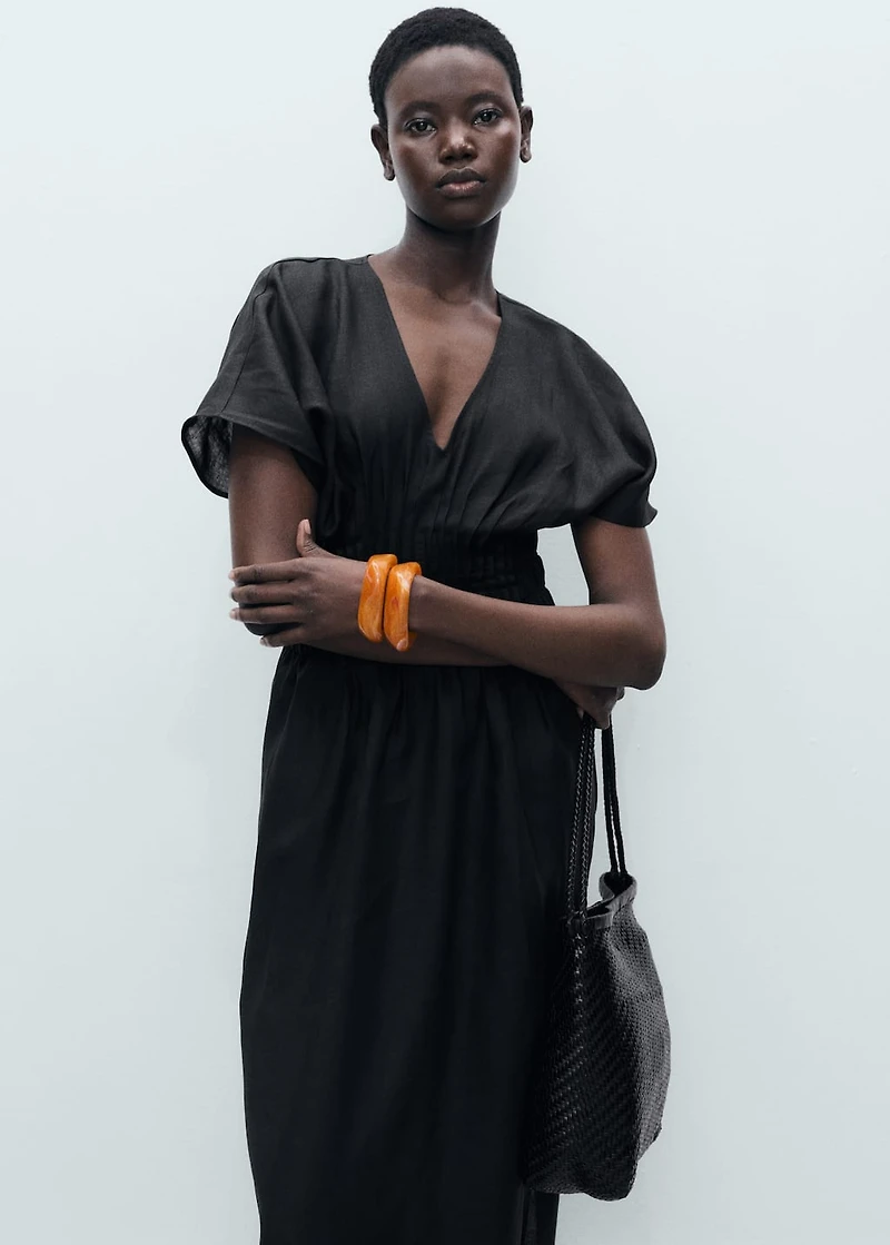 Long linen dress with gathered panel