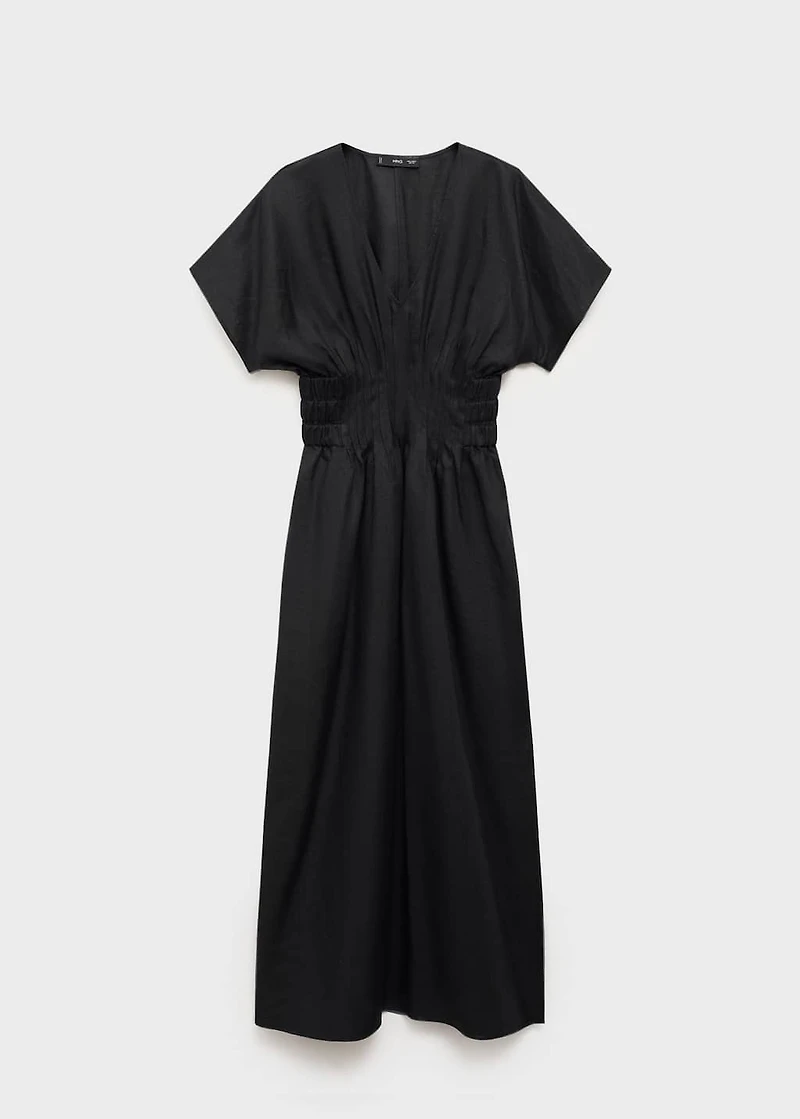 Long linen dress with gathered panel