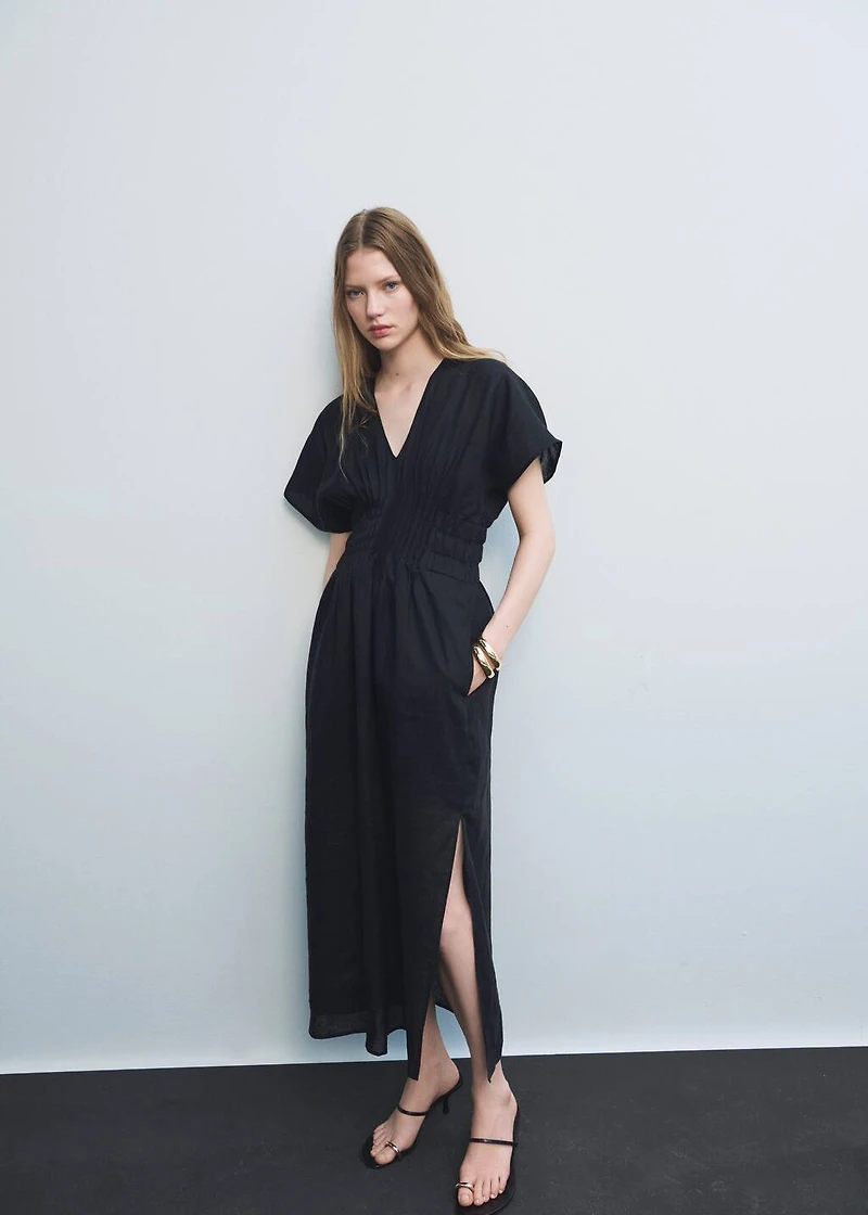 Long linen dress with gathered panel