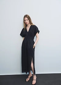 Long linen dress with gathered panel