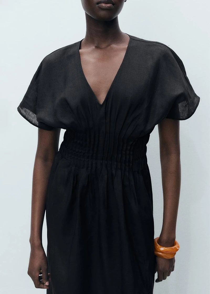 Long linen dress with gathered panel