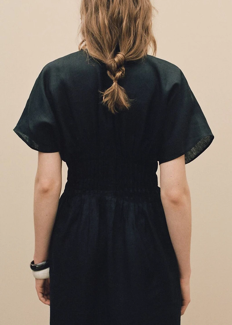 Long linen dress with gathered panel