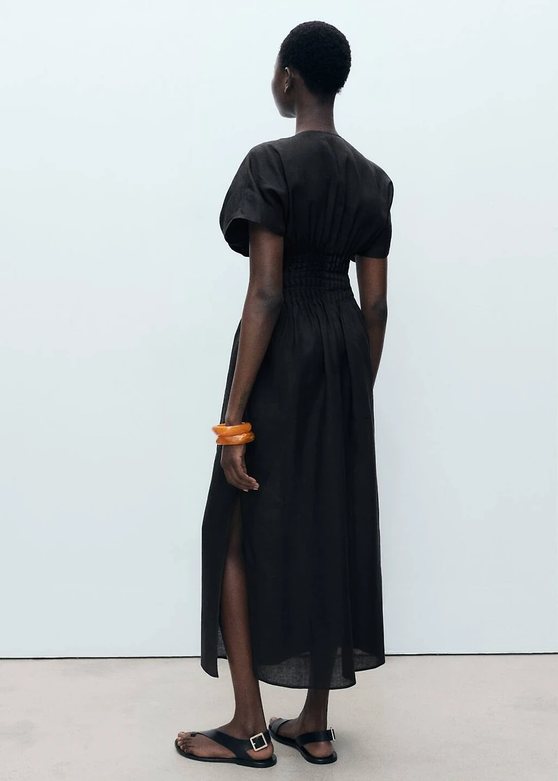 Long linen dress with gathered panel