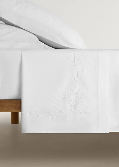 Cotton top sheet with hand-embroidered flower for / cm bed