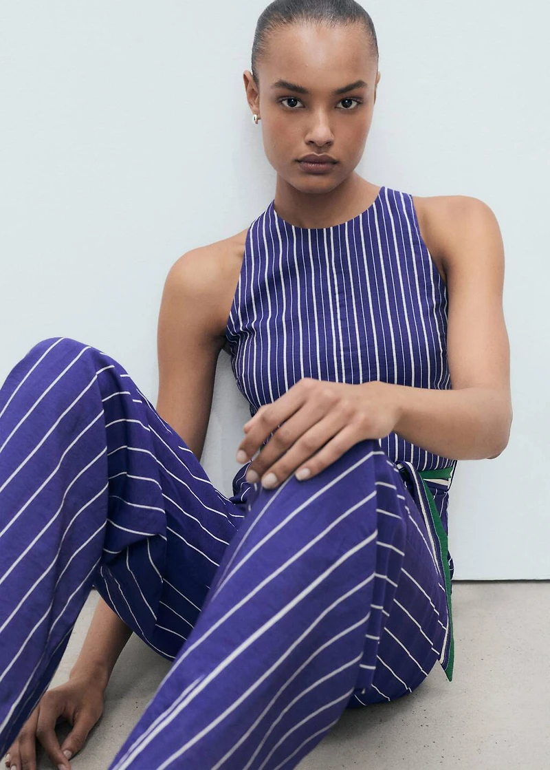 Striped jumpsuit with belt