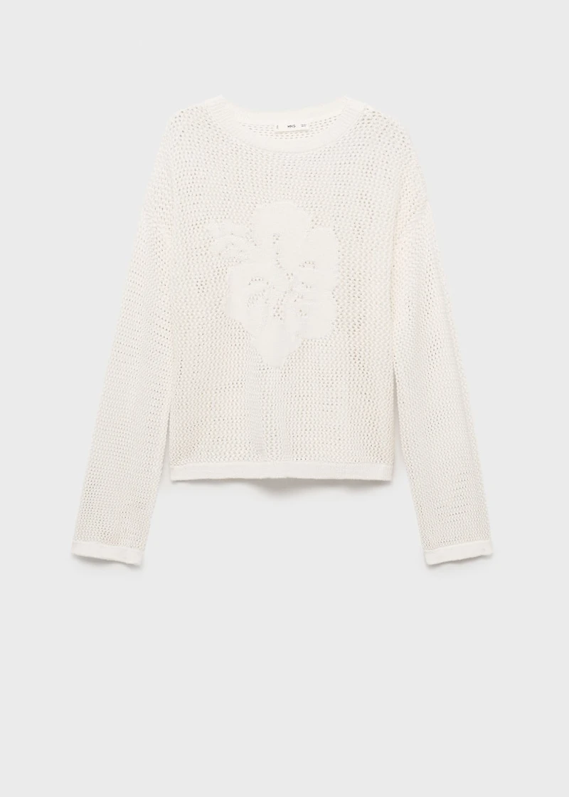 Knitted sweater with flower detail and lace pattern