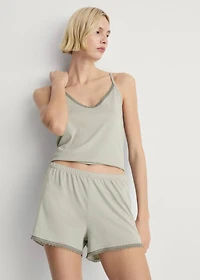 Cotton pajama shorts with lace contrast