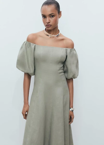 Puffed-sleeve linen dress