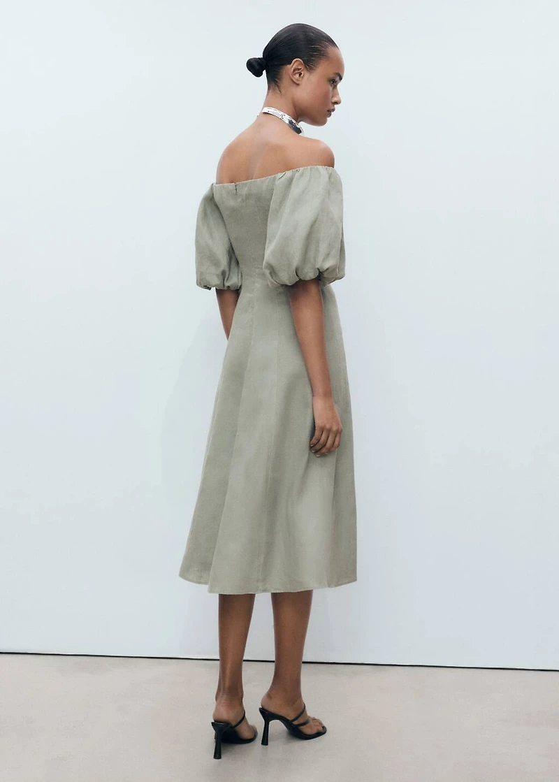 Puffed-sleeve linen dress