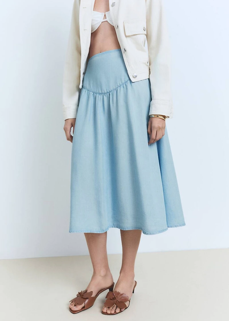 Soft denim midi-skirt with gathered detail