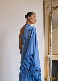 Asymmetrical satin dress with fringes