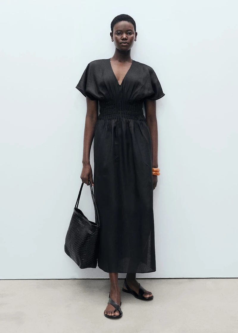 Long linen dress with gathered panel